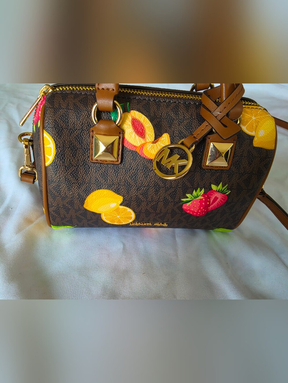 Michael Kors Grayson Small Printed Signature Logo Duffel Crossbody - Brown,NWOT - Picture 2 of 5